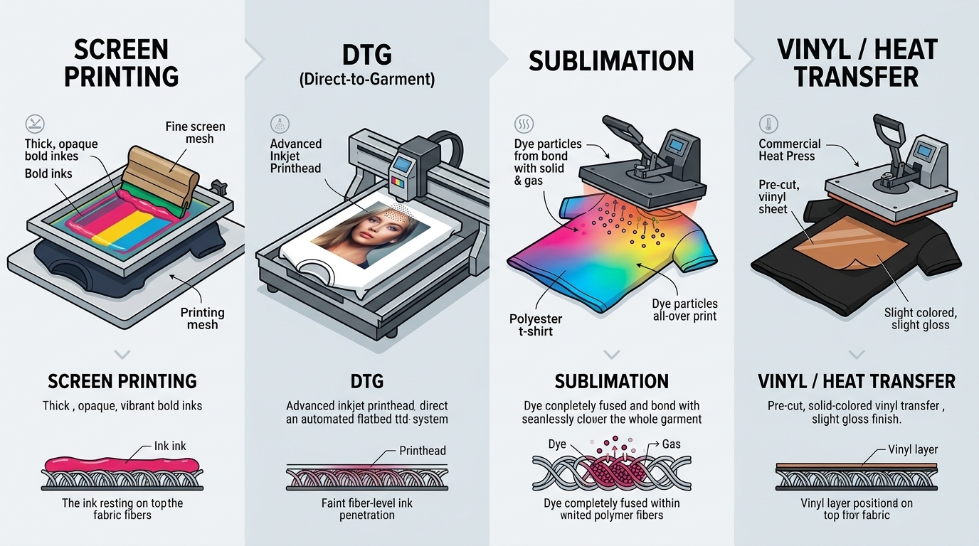 infographic/landscape — four printing methods side by side (screen, DTG, sublimation, vinyl)
