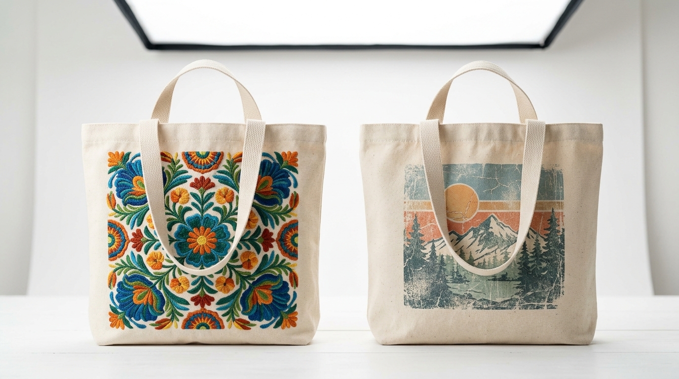 photo/landscape — an embroidered tote bag beside a faded printed tote, showing the difference in how each has aged after repeated use